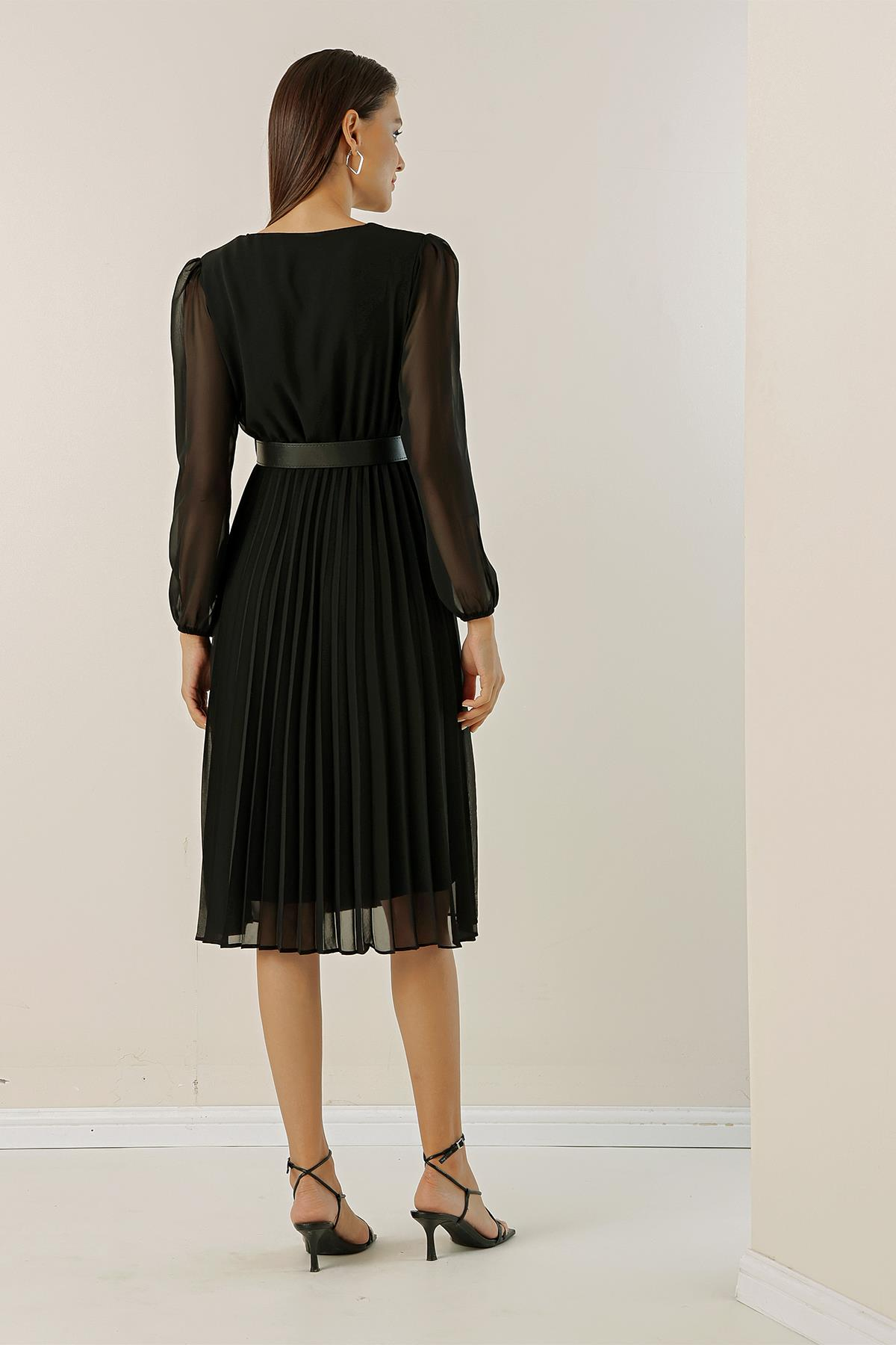 S-23K1520078Lined Crossover Neck Pleated Belted Chiffon Dress