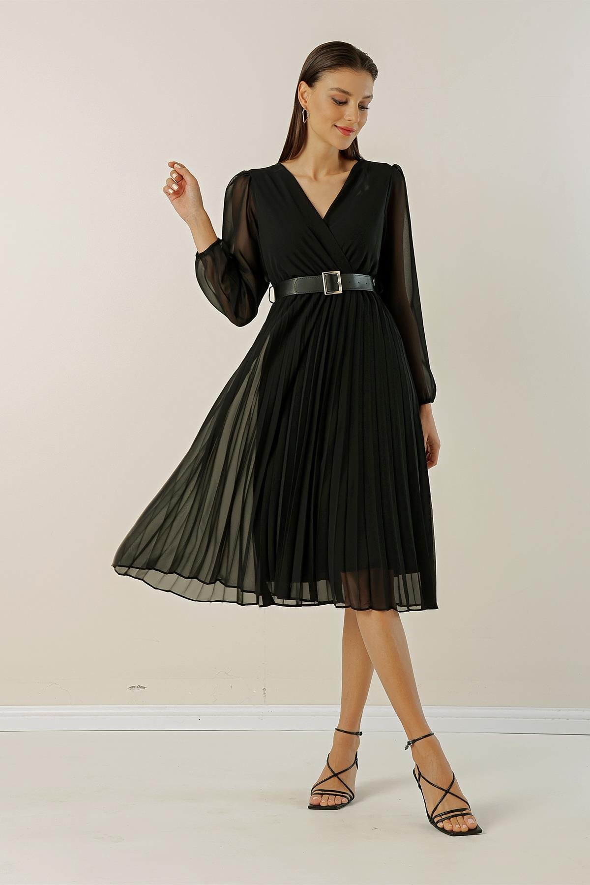 S-23K1520078Lined Crossover Neck Pleated Belted Chiffon Dress