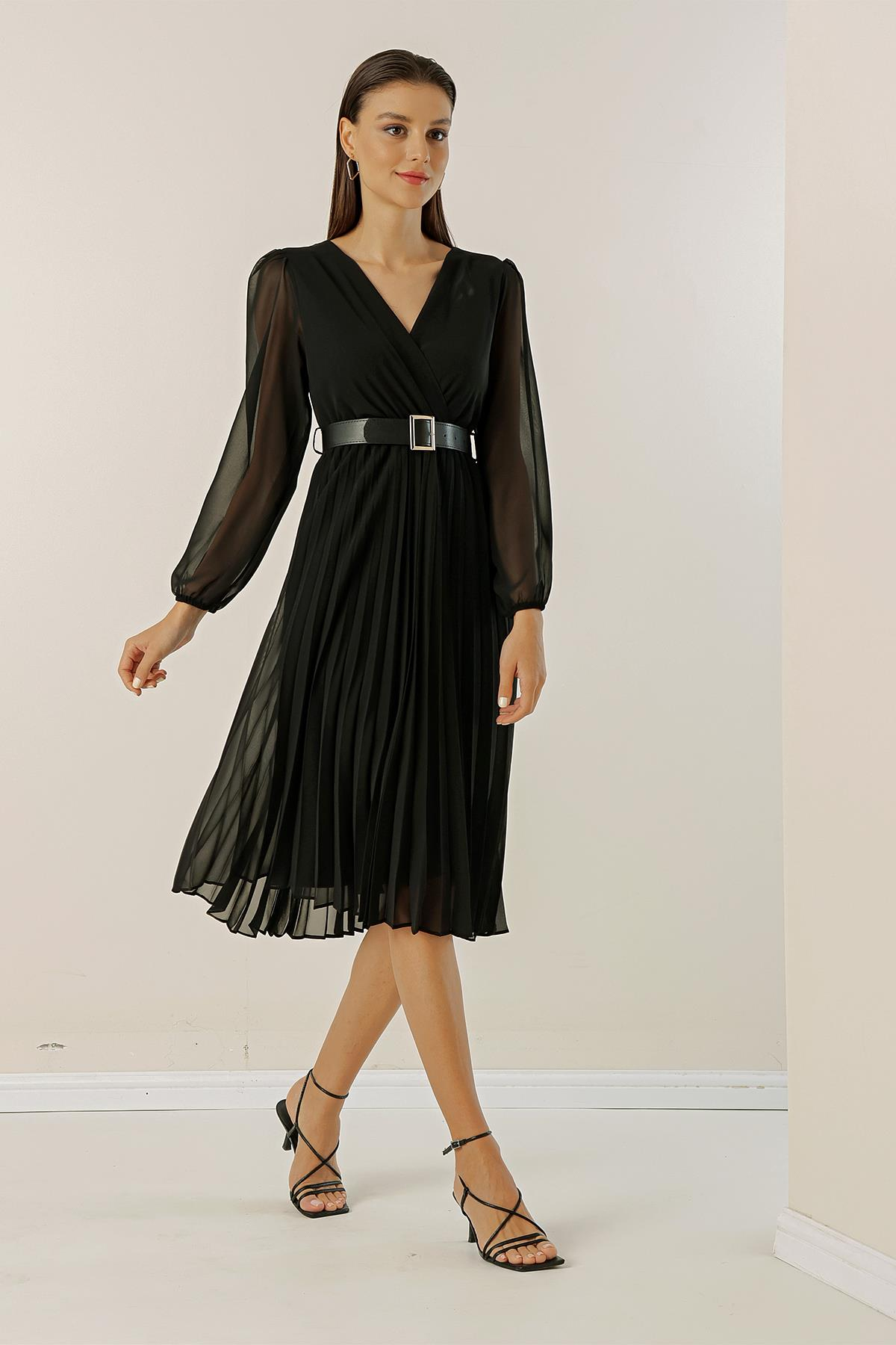 S-23K1520078Lined Crossover Neck Pleated Belted Chiffon Dress