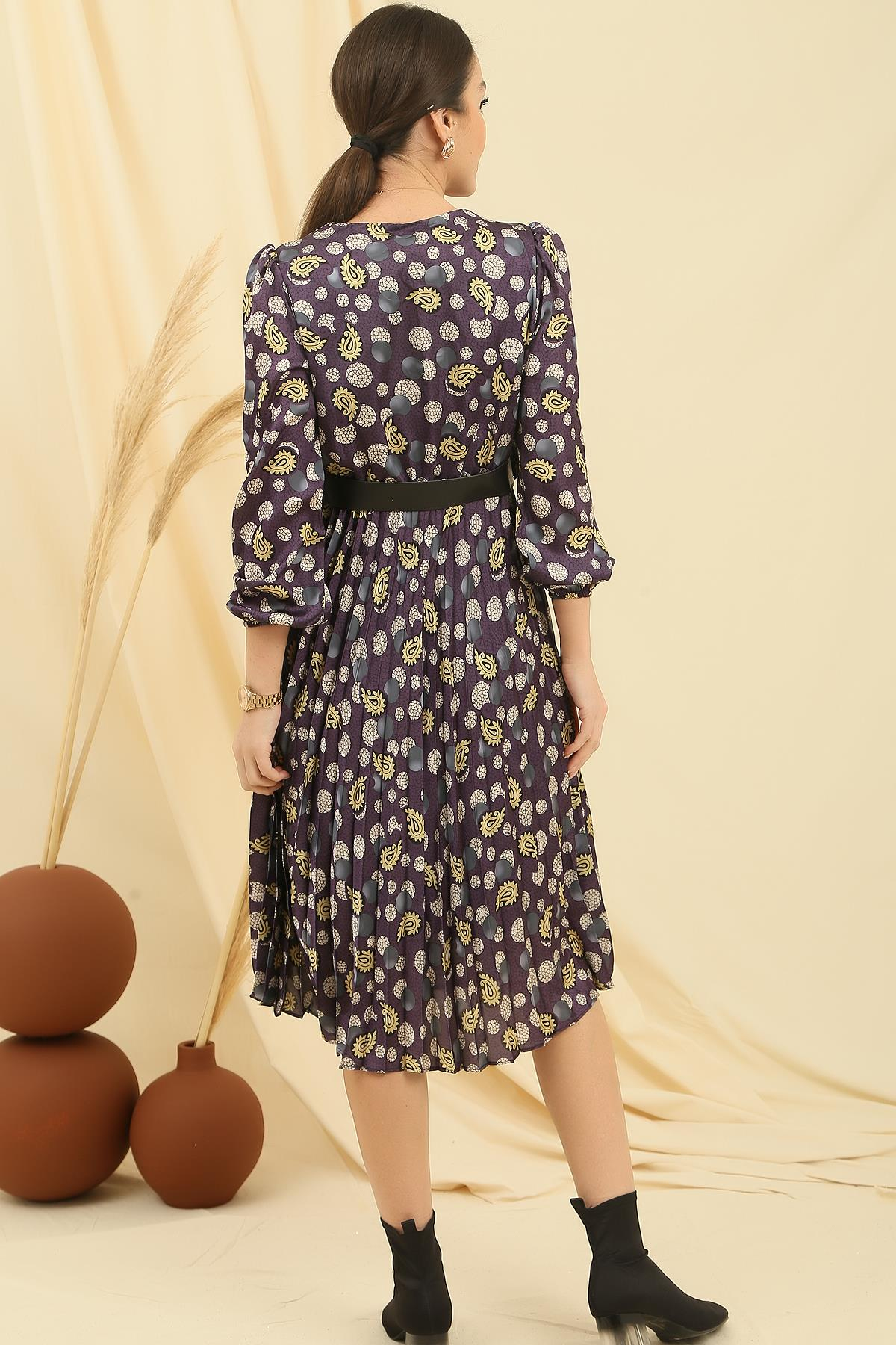 S-23K1520115Double-Breasted Satin Collar Waist Pleated Dress Patterned Arched Coated Tue