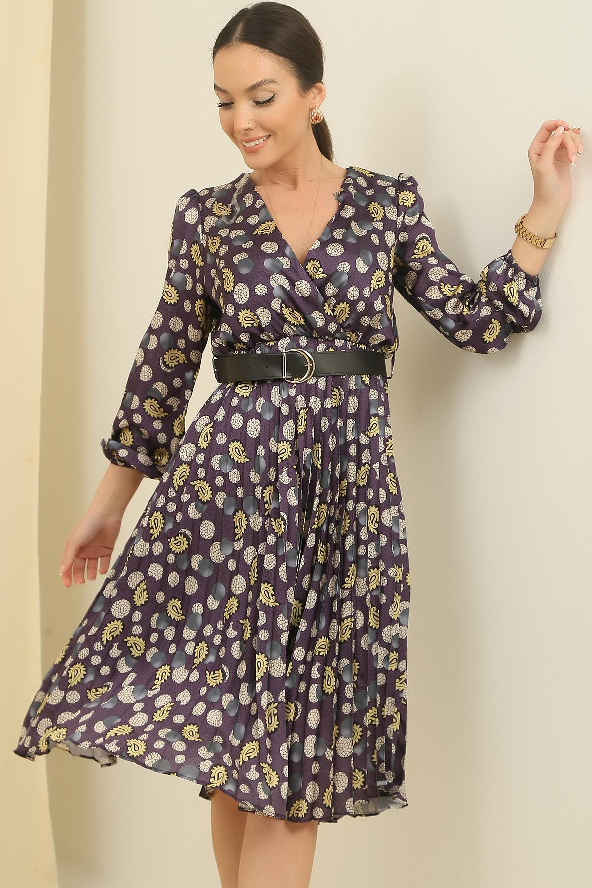 S-23K1520115Double-Breasted Satin Collar Waist Pleated Dress Patterned Arched Coated Tue