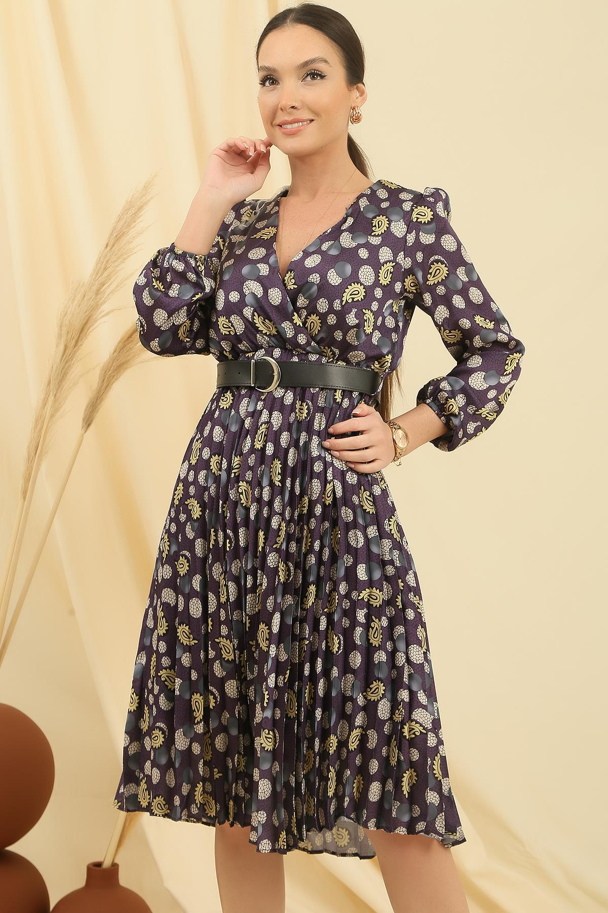 S-23K1520115Double-Breasted Satin Collar Waist Pleated Dress Patterned Arched Coated Tue