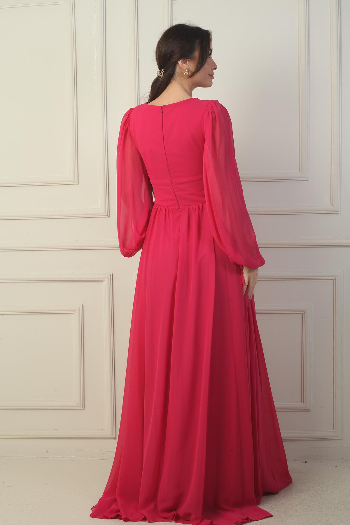 S-23K1650001Önden Bağcıklı Balenli Astarlı Uzun Şifon Elbise