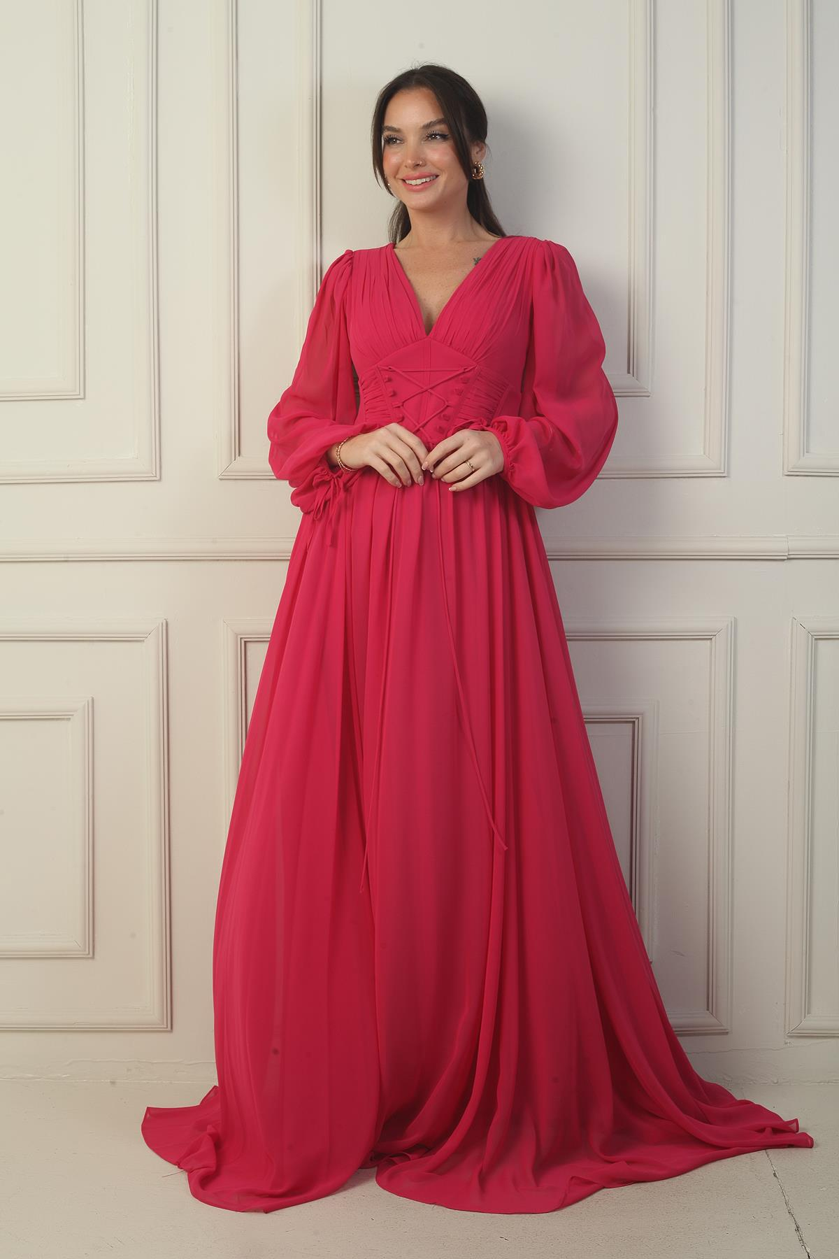 S-23K1650001Önden Bağcıklı Balenli Astarlı Uzun Şifon Elbise