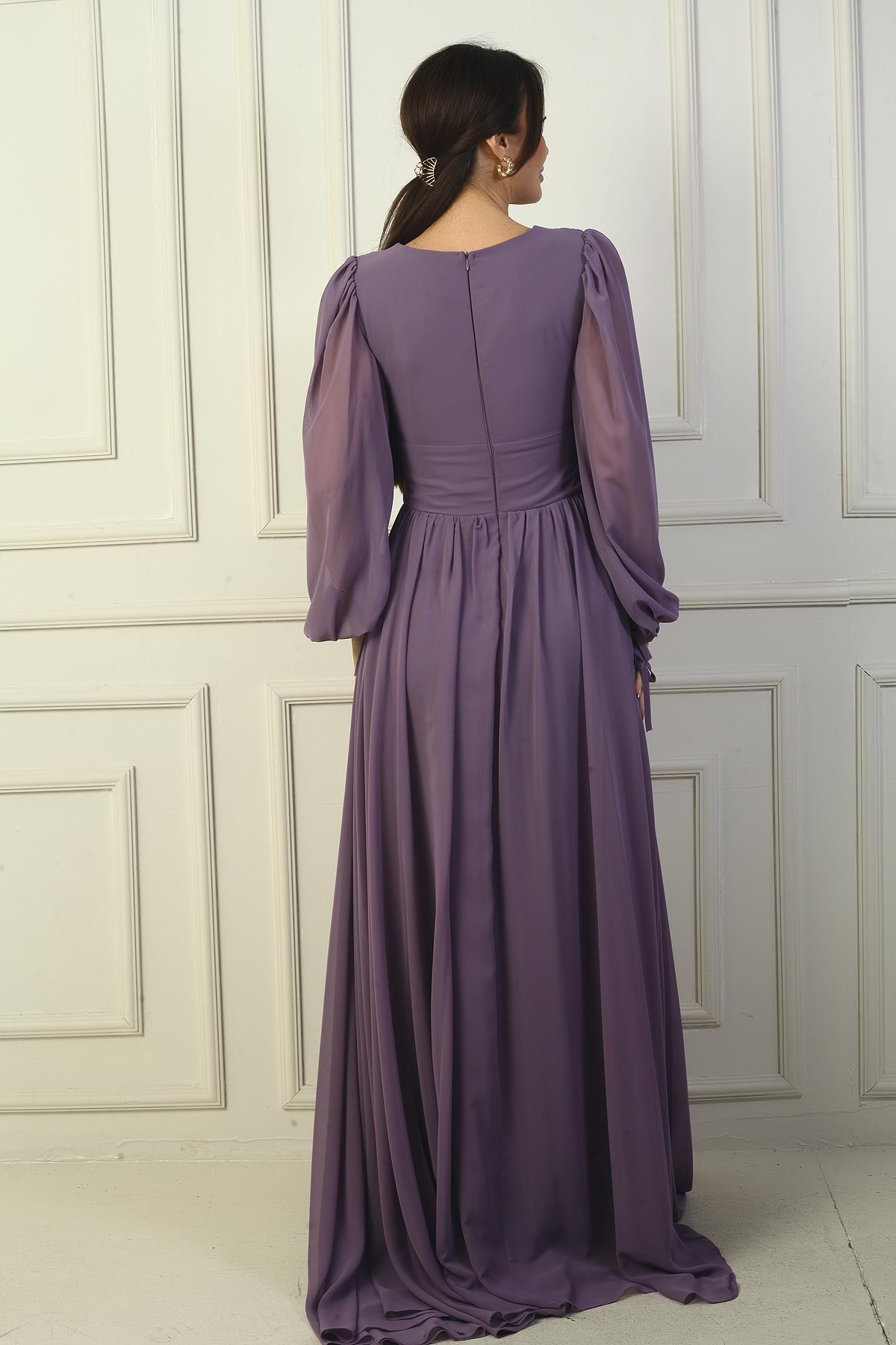 S-23K1650001Önden Bağcıklı Balenli Astarlı Uzun Şifon Elbise