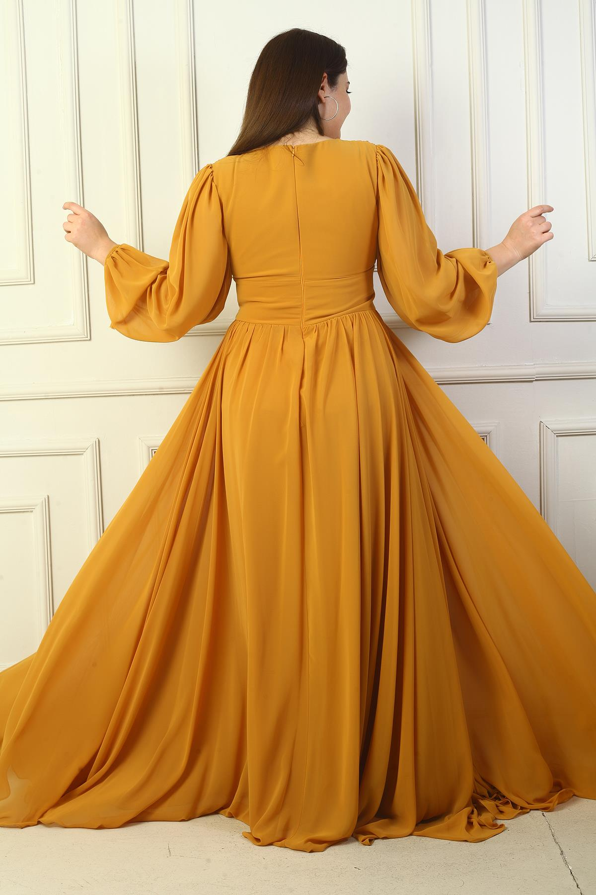 S-23K1650001Önden Bağcıklı Balenli Astarlı Uzun Şifon Elbise