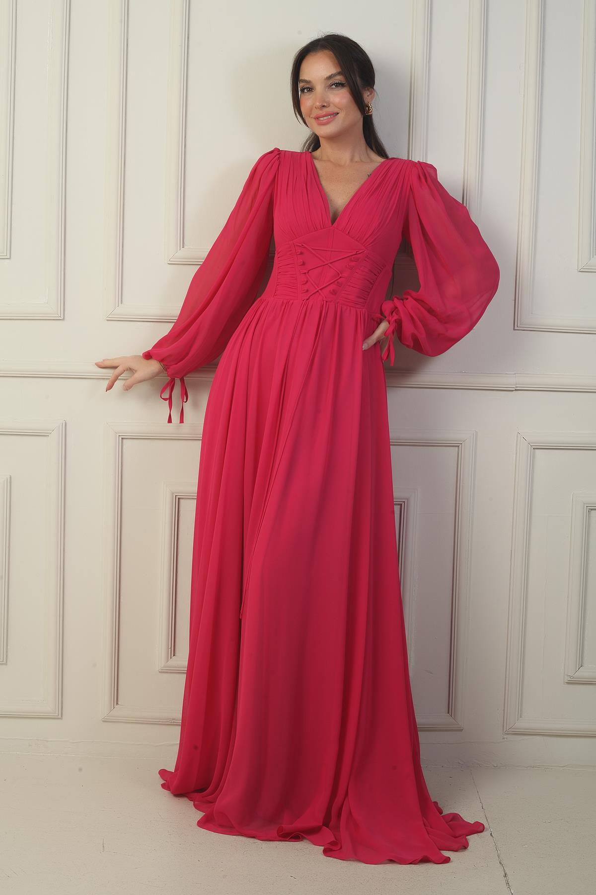 S-23K1650001Önden Bağcıklı Balenli Astarlı Uzun Şifon Elbise