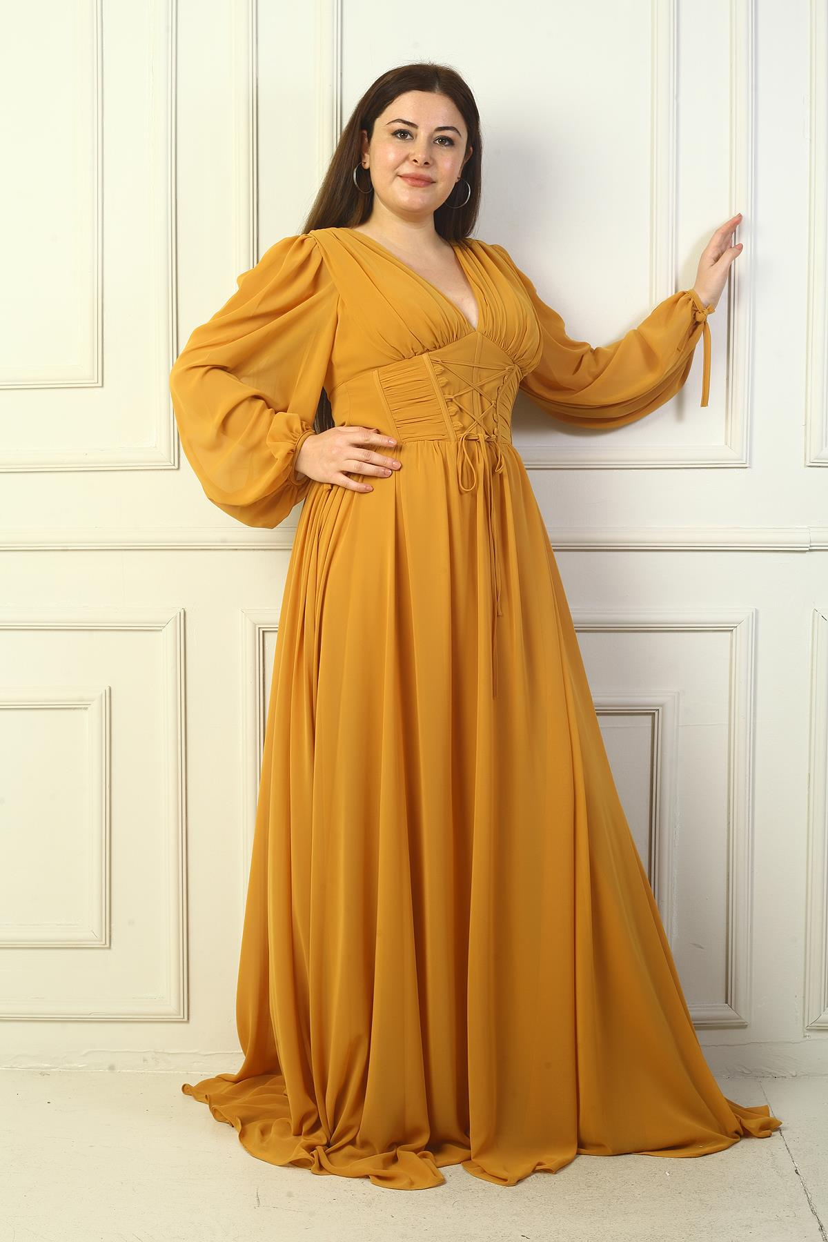 S-23K1650001Önden Bağcıklı Balenli Astarlı Uzun Şifon Elbise