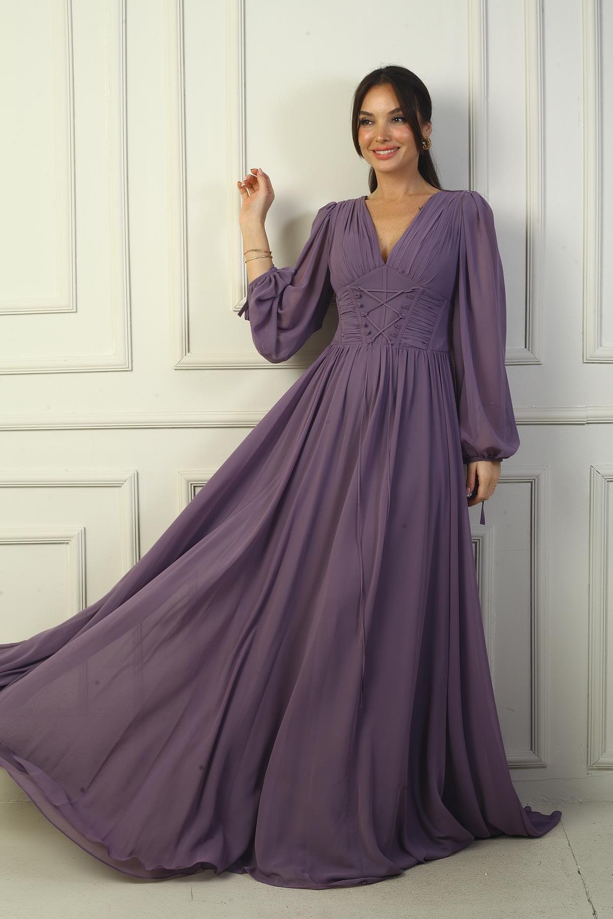 S-23K1650001Önden Bağcıklı Balenli Astarlı Uzun Şifon Elbise