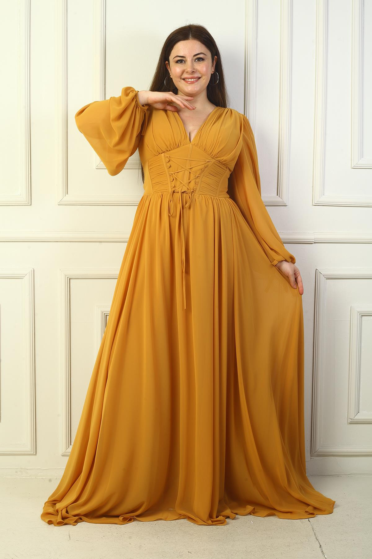 S-23K1650001Önden Bağcıklı Balenli Astarlı Uzun Şifon Elbise