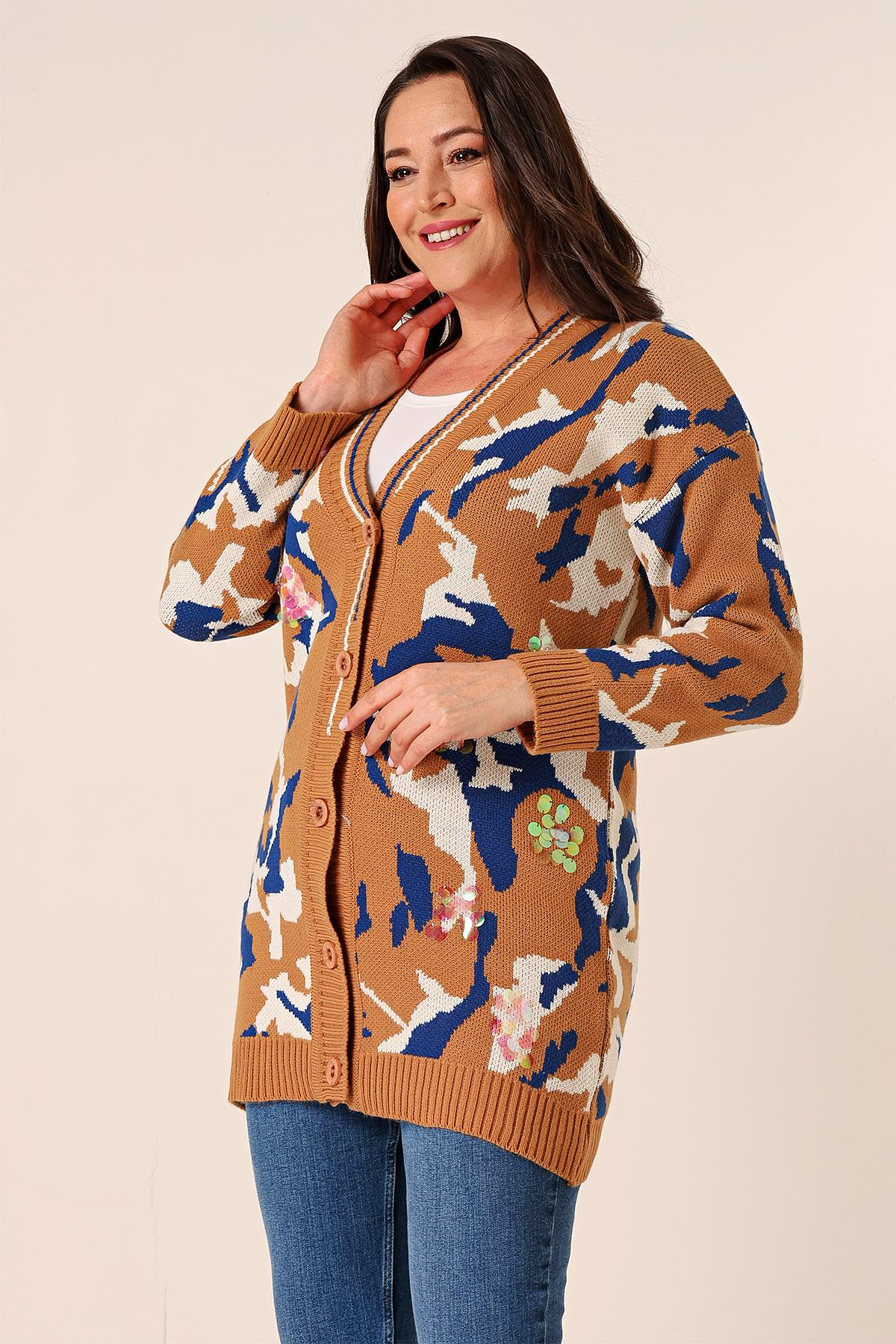 S-23K1800031Oversize Kamuflaj Pullu Uzun Triko Hırka