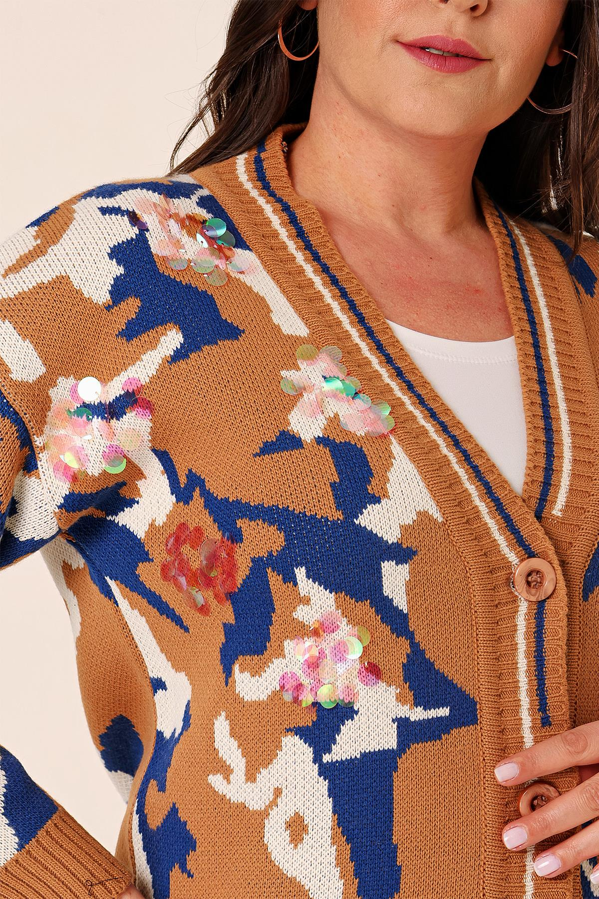 S-23K1800031Oversize Kamuflaj Pullu Uzun Triko Hırka