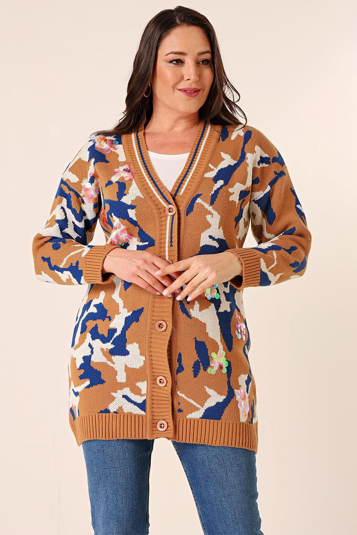 S-23K1800031Oversize Kamuflaj Pullu Uzun Triko Hırka