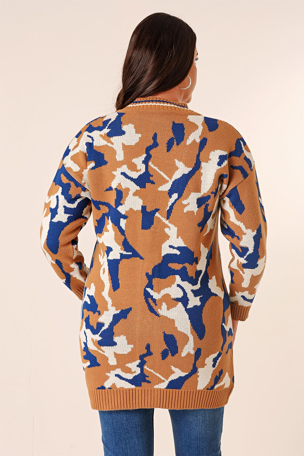 S-23K1800031Oversize Kamuflaj Pullu Uzun Triko Hırka