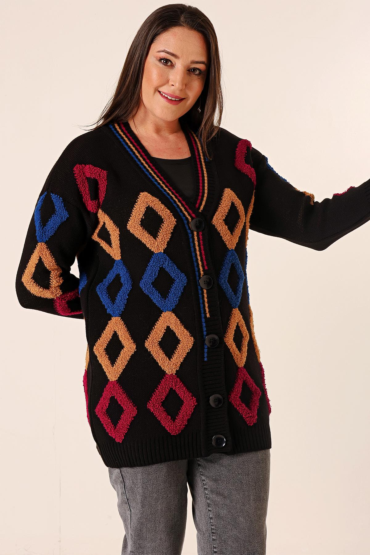 S-23K1800032Oversize Havlu Baklava Desen Uzun Triko Hırka