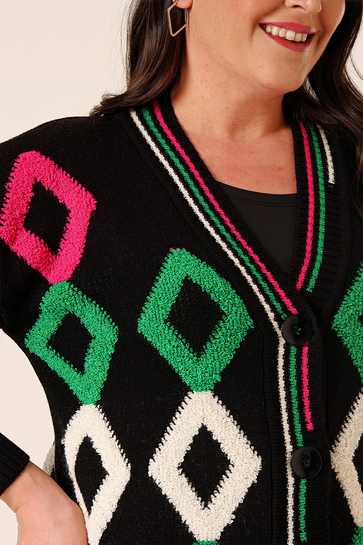 S-23K1800032Oversize Havlu Baklava Desen Uzun Triko Hırka