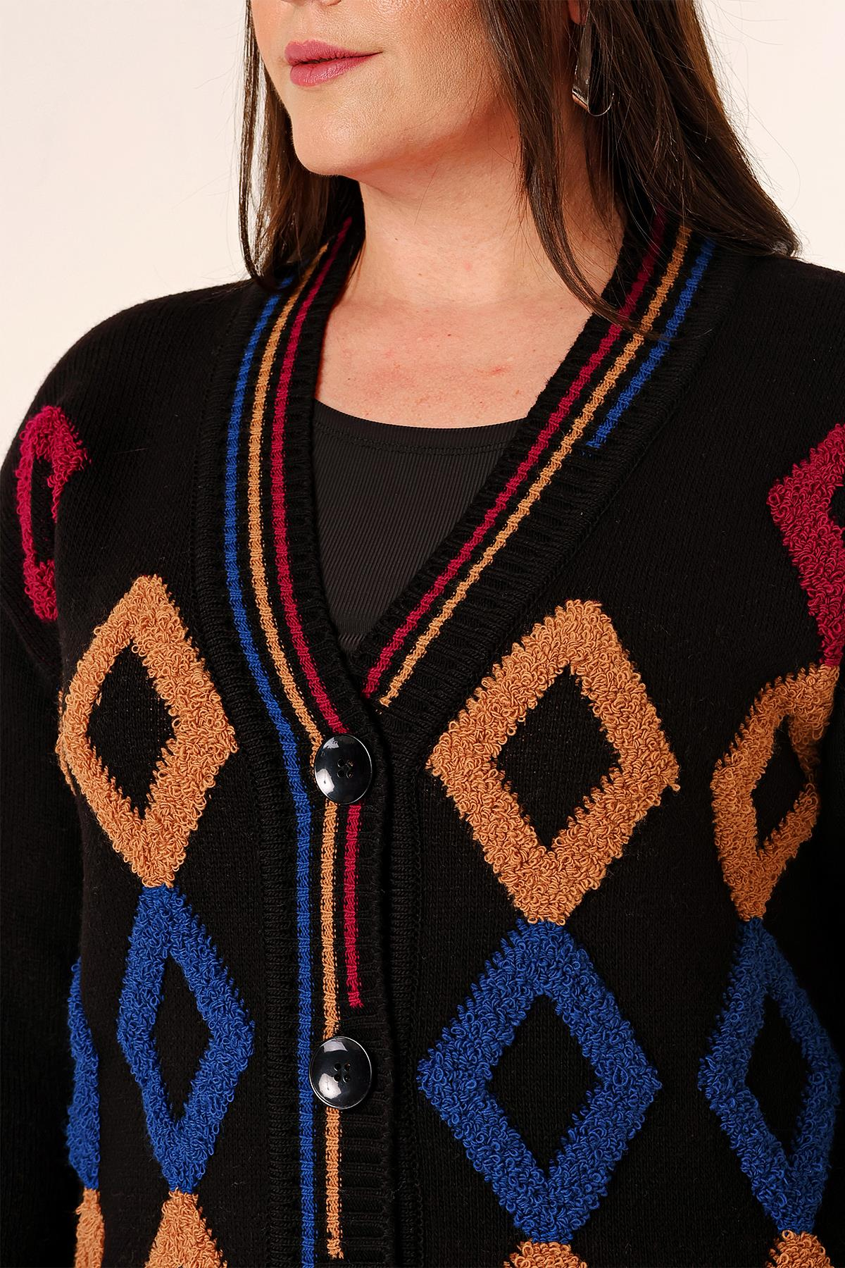 S-23K1800032Oversize Havlu Baklava Desen Uzun Triko Hırka