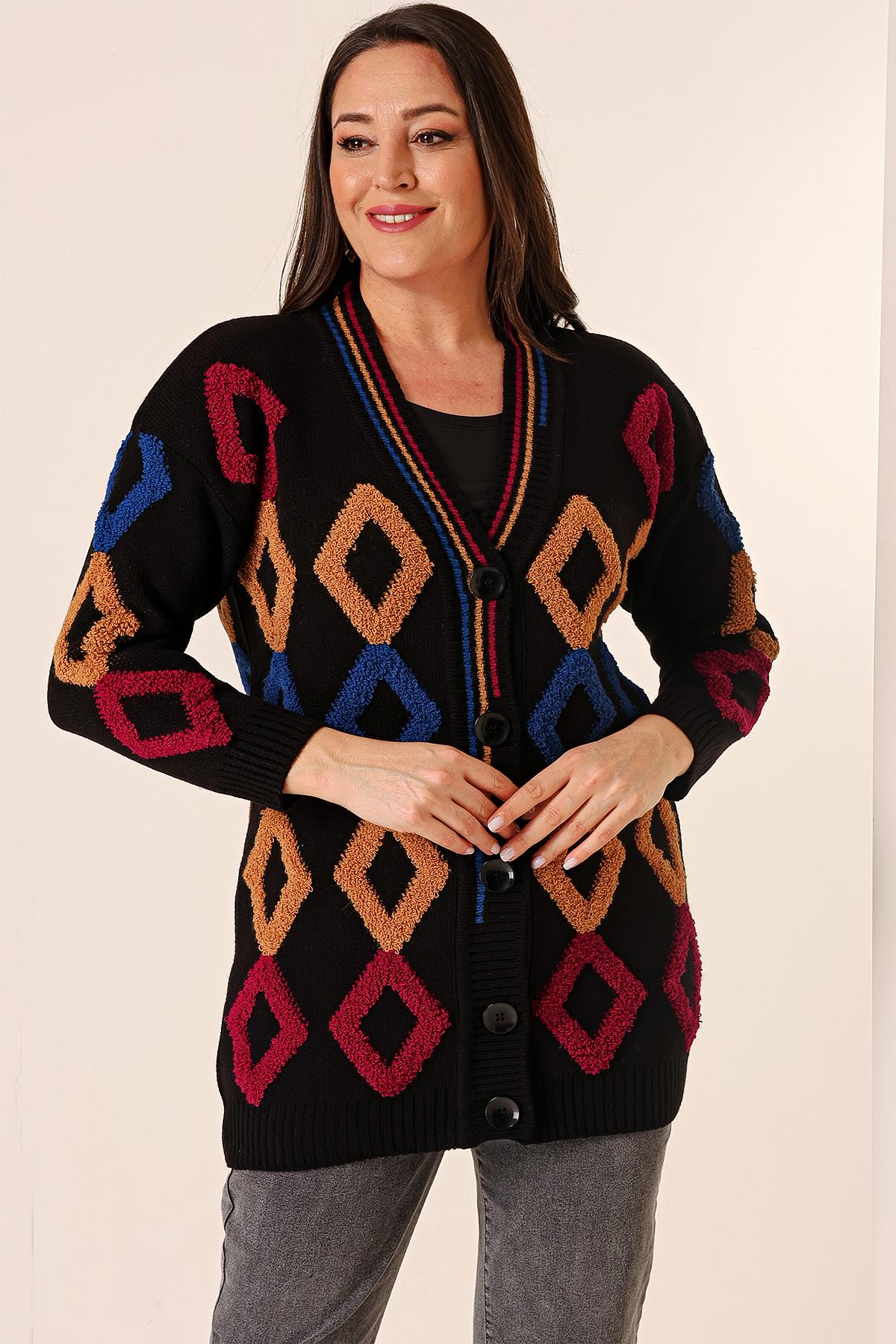 S-23K1800032Oversize Havlu Baklava Desen Uzun Triko Hırka