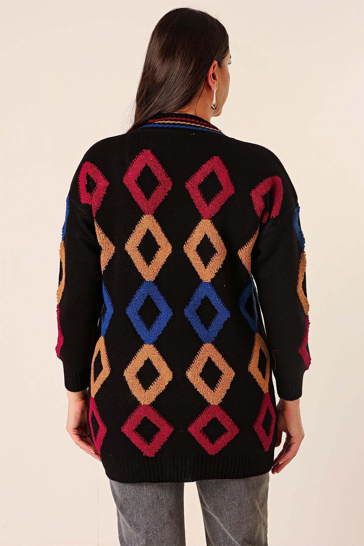 S-23K1800032Oversize Havlu Baklava Desen Uzun Triko Hırka