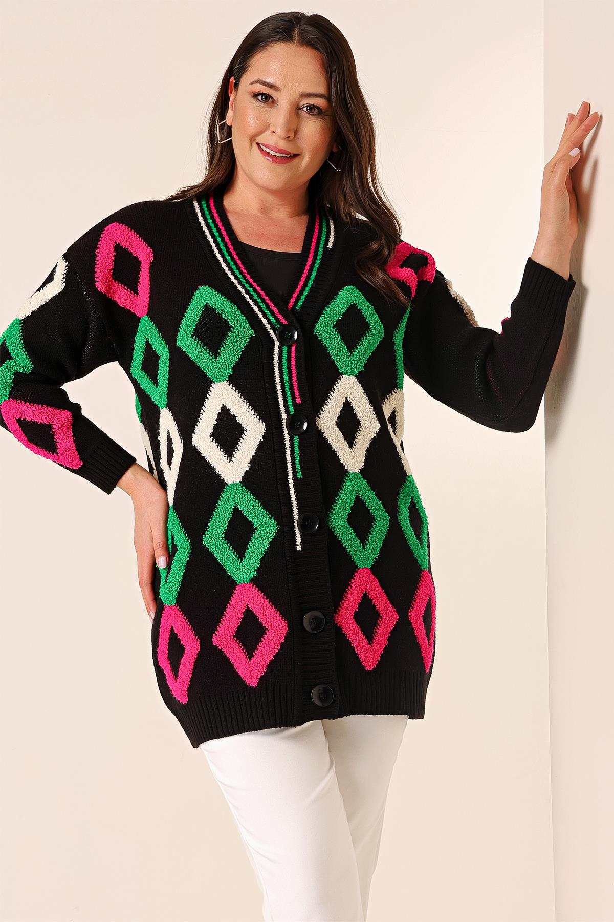 S-23K1800032Oversize Havlu Baklava Desen Uzun Triko Hırka