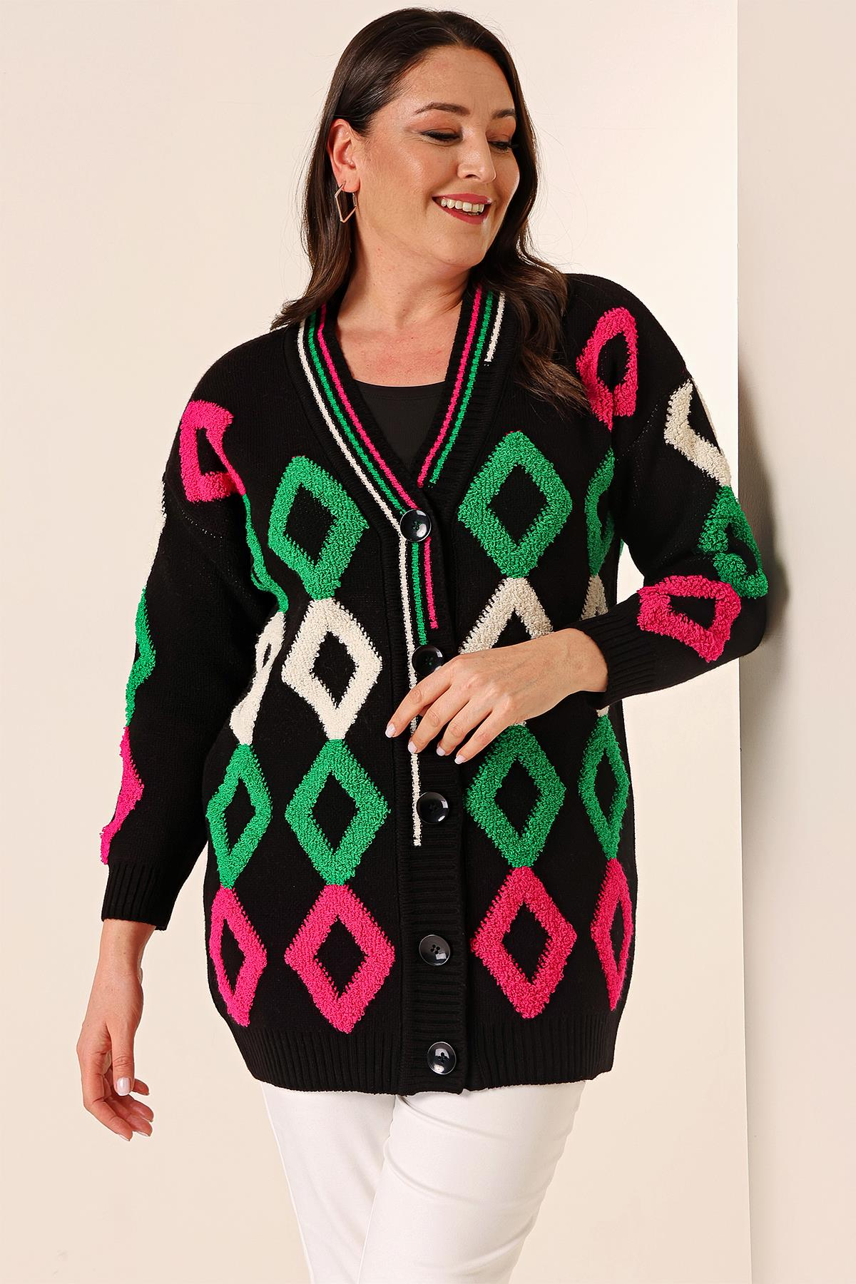 S-23K1800032Oversize Havlu Baklava Desen Uzun Triko Hırka