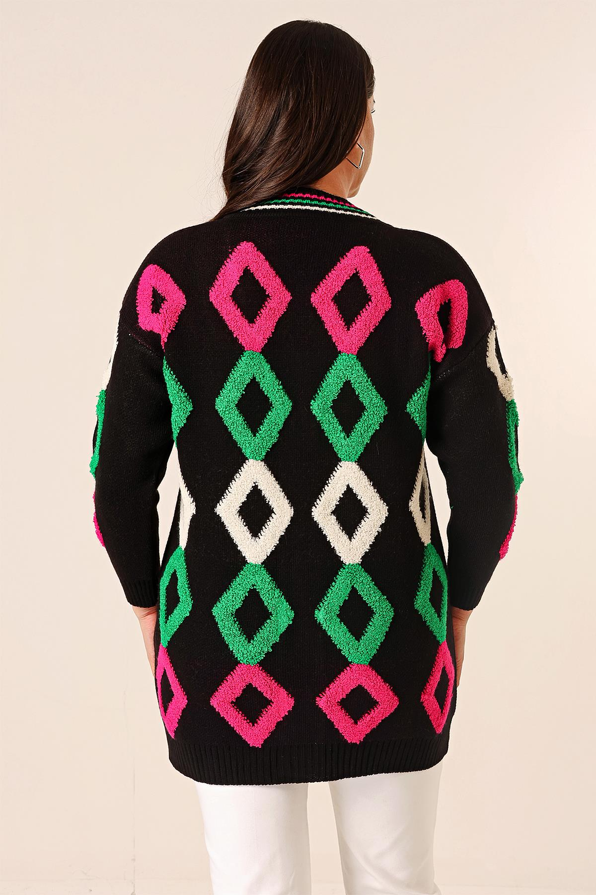 S-23K1800032Oversize Havlu Baklava Desen Uzun Triko Hırka