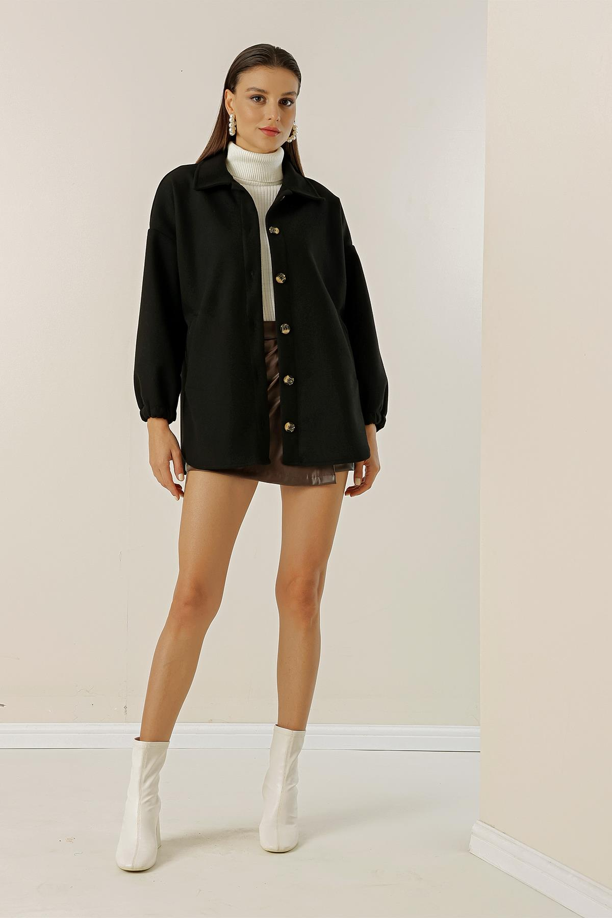 S-23K2060010Elastic-Sleeved Pocketed Front Side Buttoned Cashmere Jacket