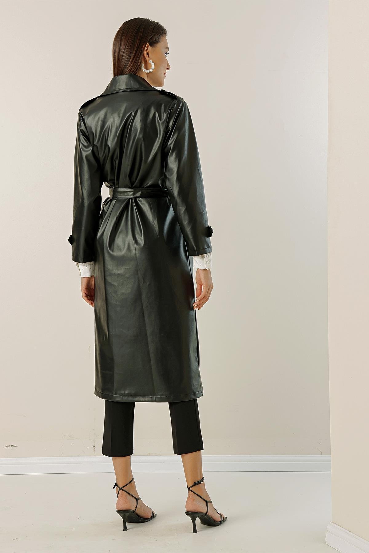 S-23K2060067Faux leather trench coat with belted waist, side pockets, and lining