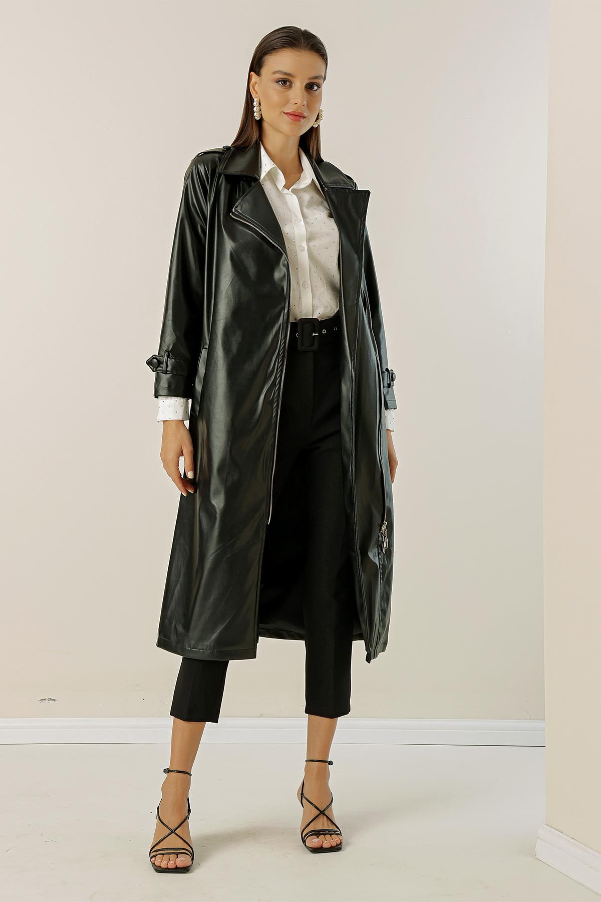 S-23K2060067Faux leather trench coat with belted waist, side pockets, and lining