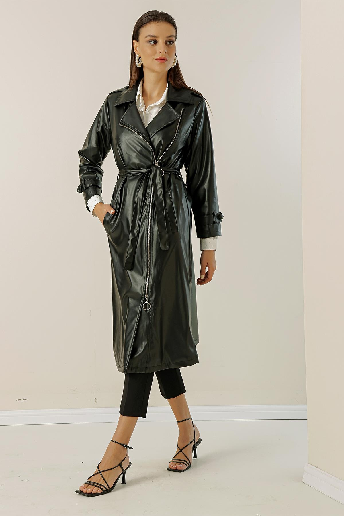 S-23K2060067Faux leather trench coat with belted waist, side pockets, and lining