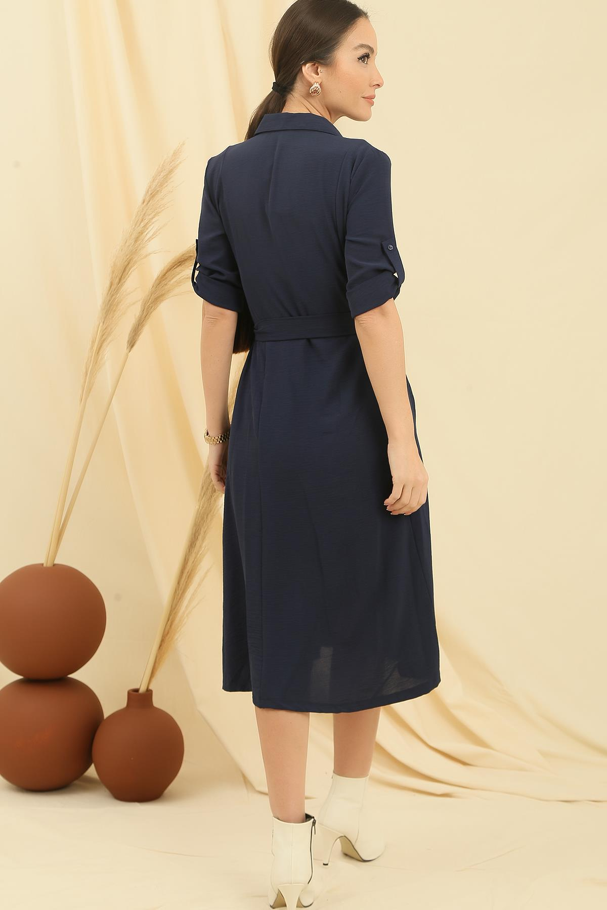 S-23K2060073The Front Waist Buttoned Pockets With Fold Sleeve Belted Dress