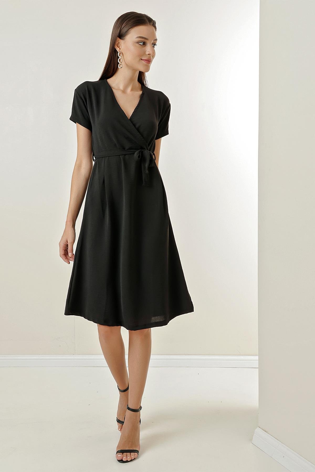 S-23K2220033Crossover Neck Pleated Waist Belted Dress Aerobin