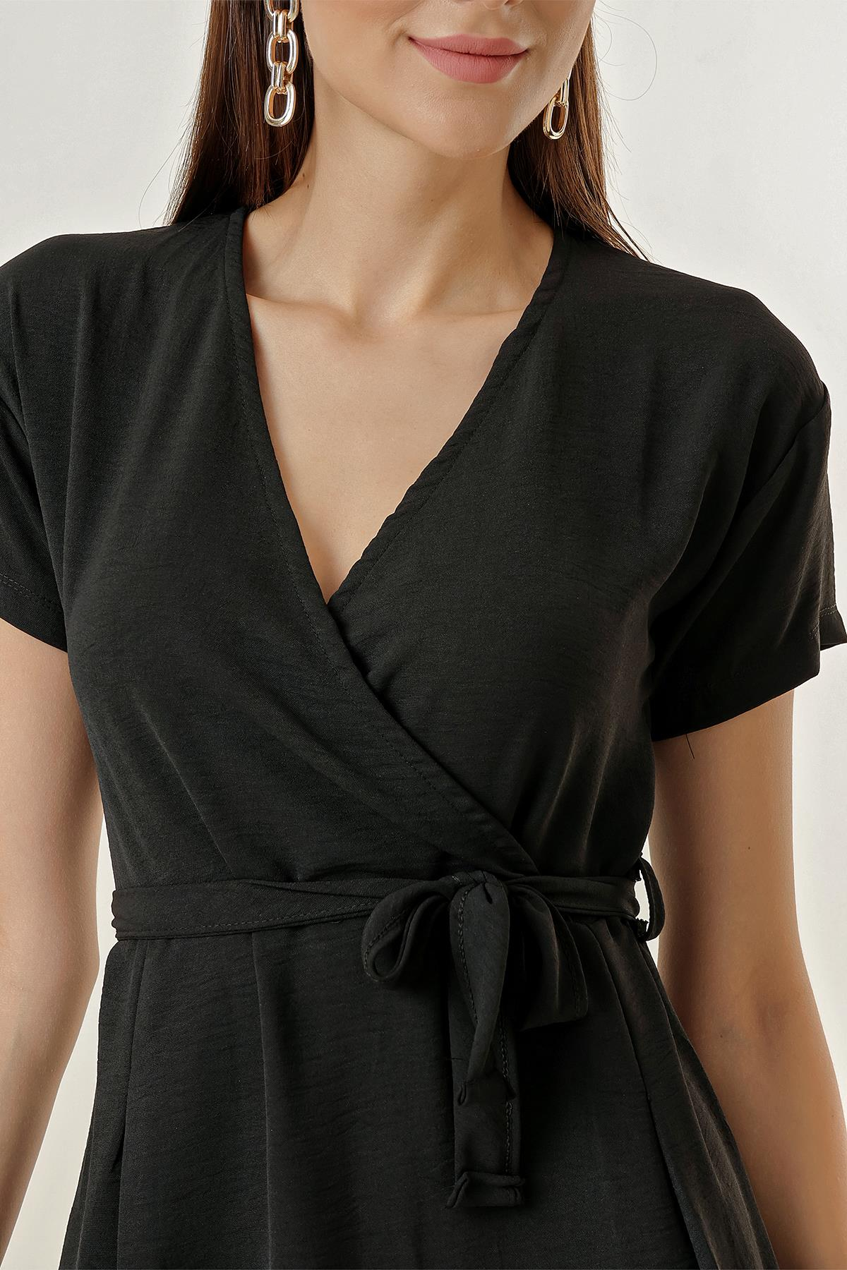 S-23K2220033Crossover Neck Pleated Waist Belted Dress Aerobin