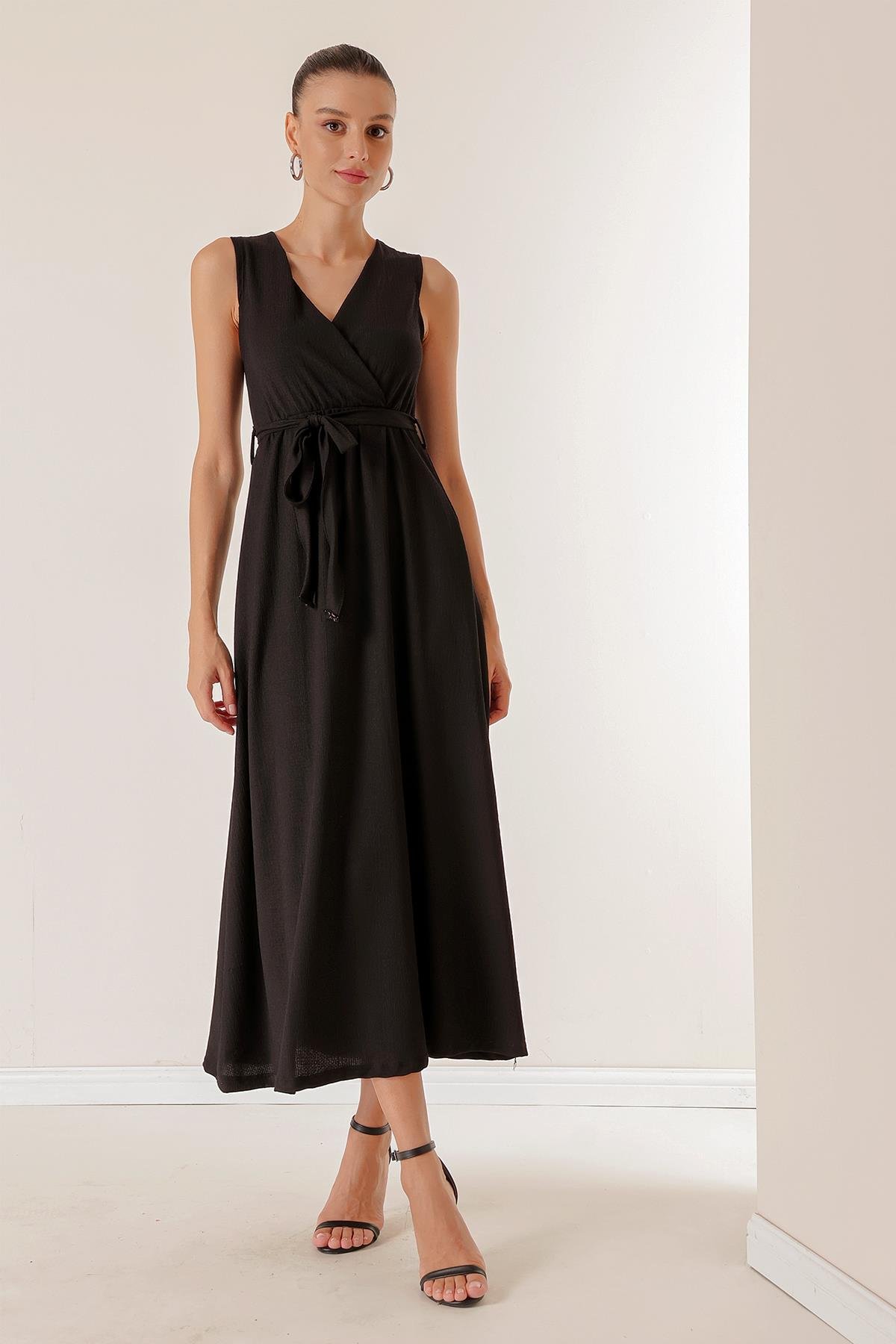 S-23K2220034Waffle Crossover Neckline Belted Dress