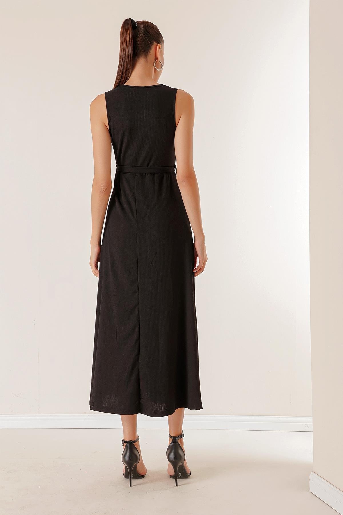 S-23K2220034Waffle Crossover Neckline Belted Dress