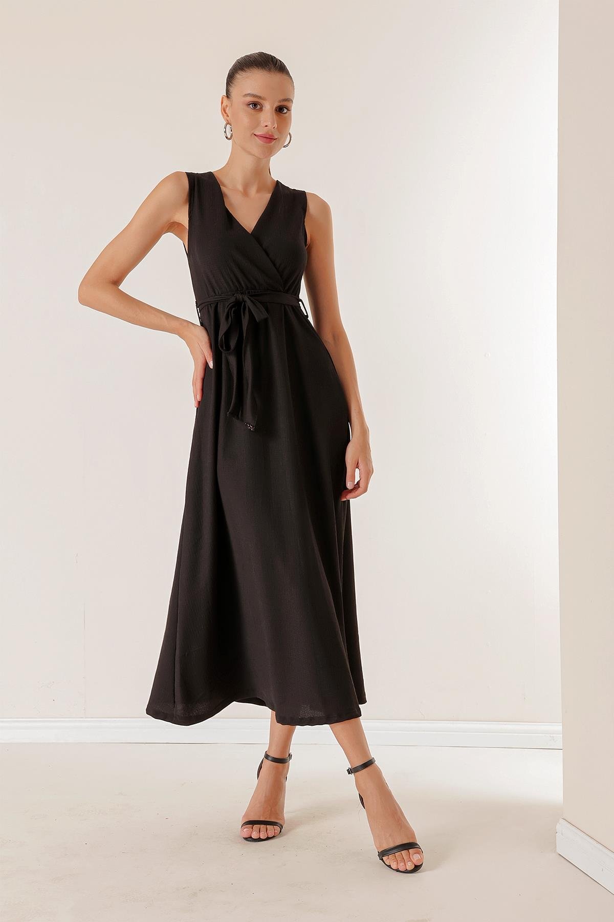 S-23K2220034Waffle Crossover Neckline Belted Dress