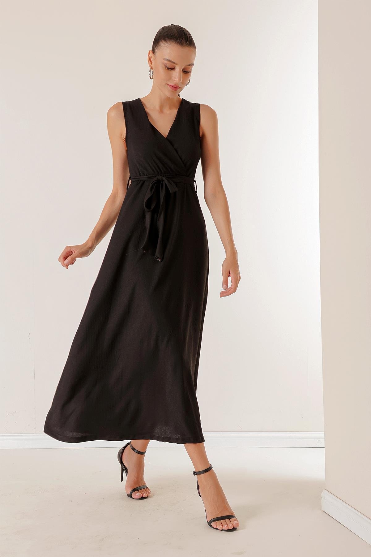 S-23K2220034Waffle Crossover Neckline Belted Dress