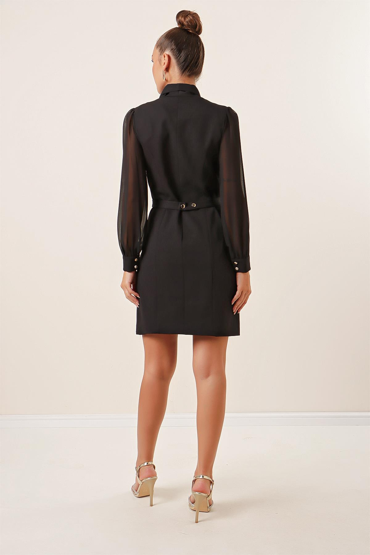 S-23K2580001Buttoned Front, Hidden Pocketed Belted Waist, Lined Dress with Tulle Sleeve