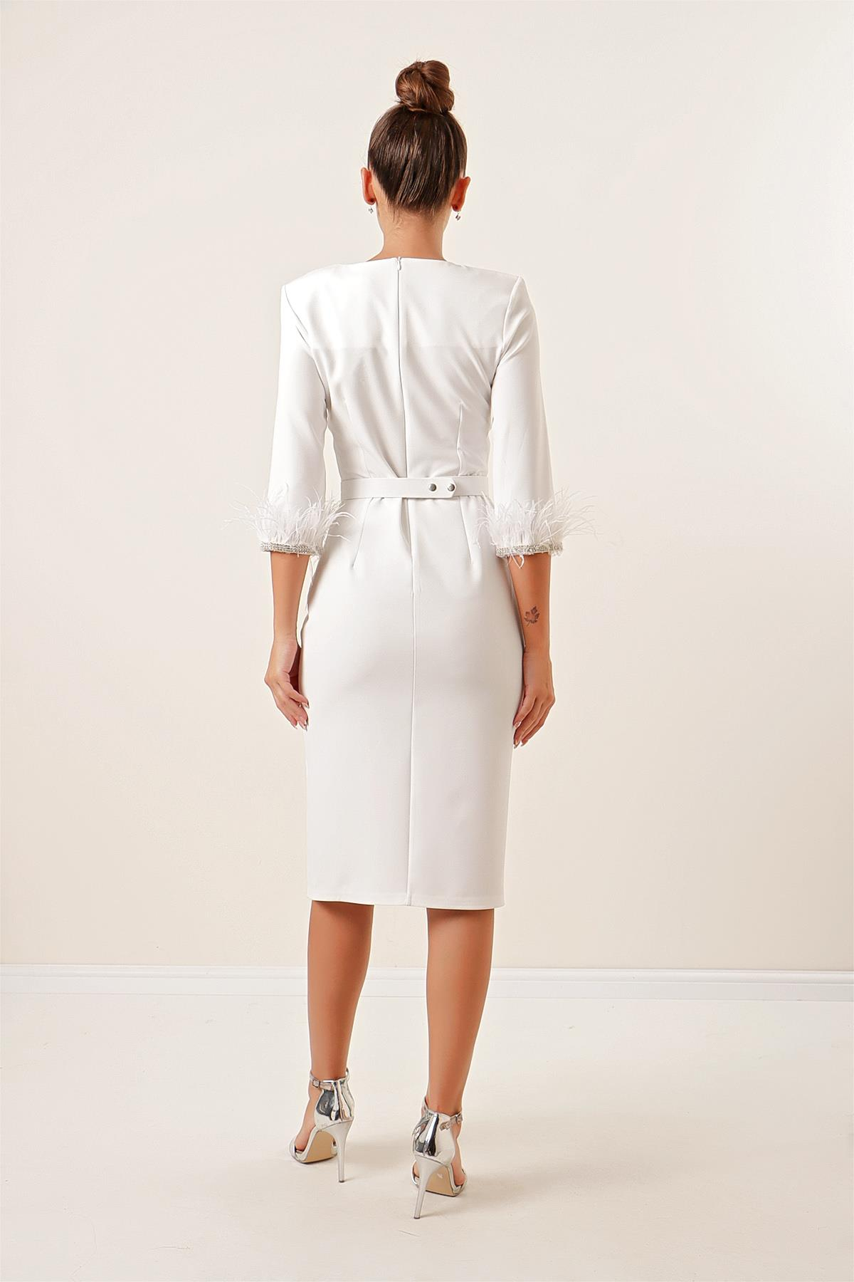 S-23K2580002Rhinestone dress, sleeves, Belt and feather details