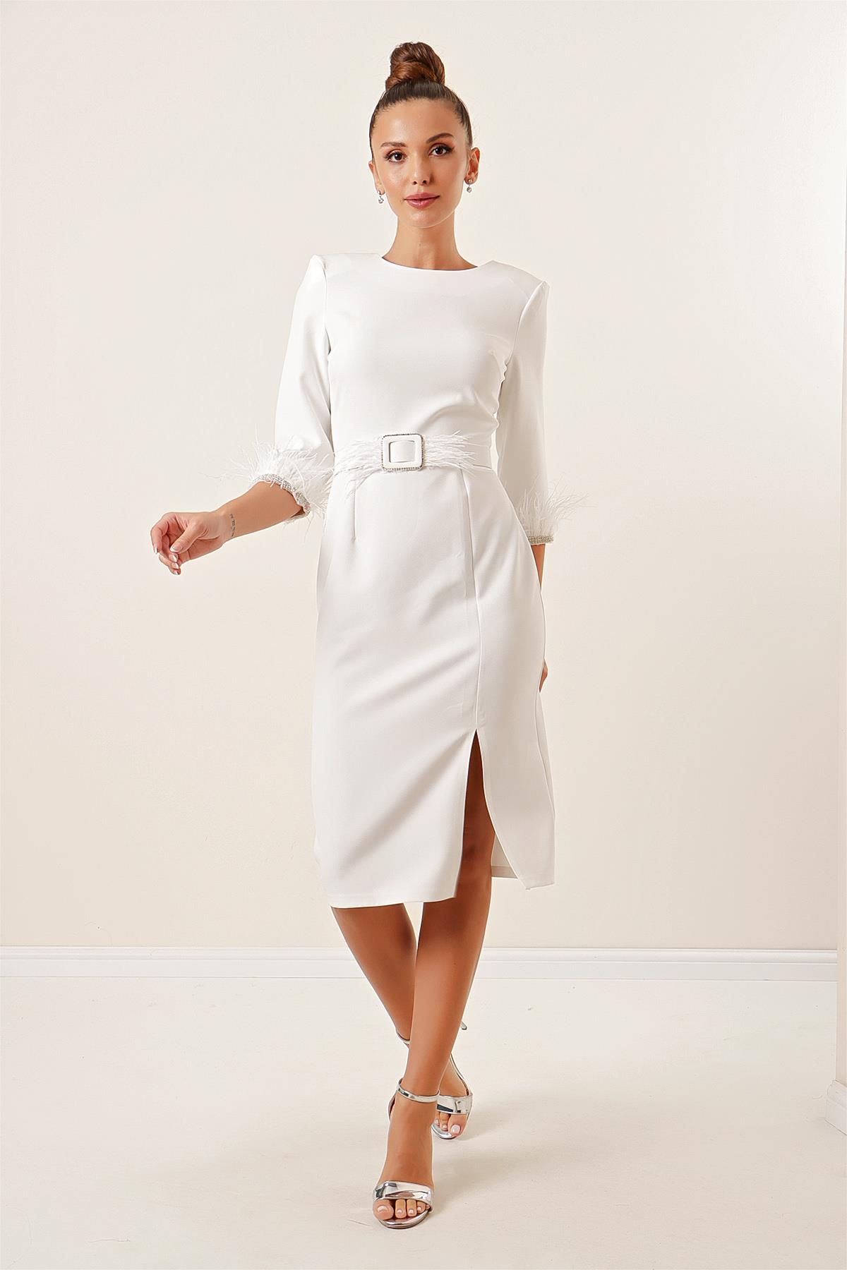 S-23K2580002Rhinestone dress, sleeves, Belt and feather details