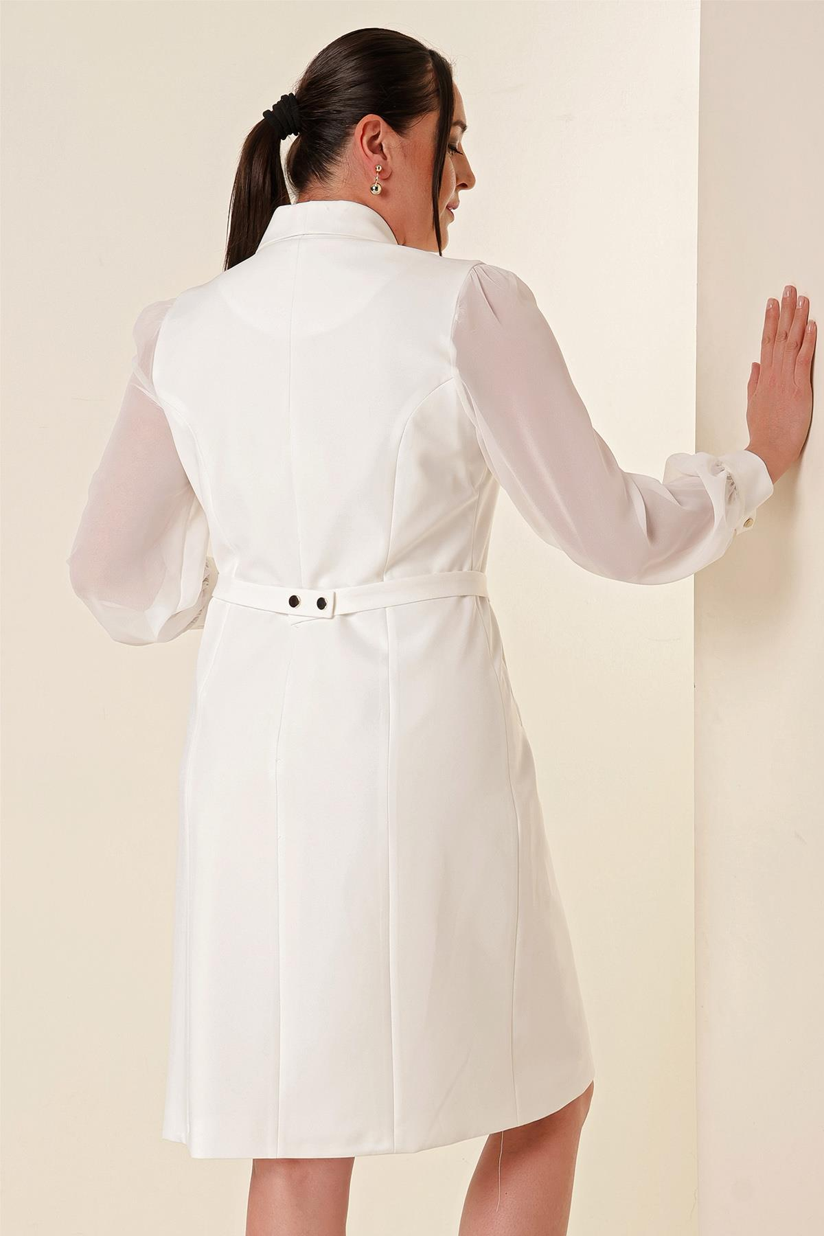 S-23K2580007Buttoned Front Belted Waist Sleeve Tulle Plus Size Dress