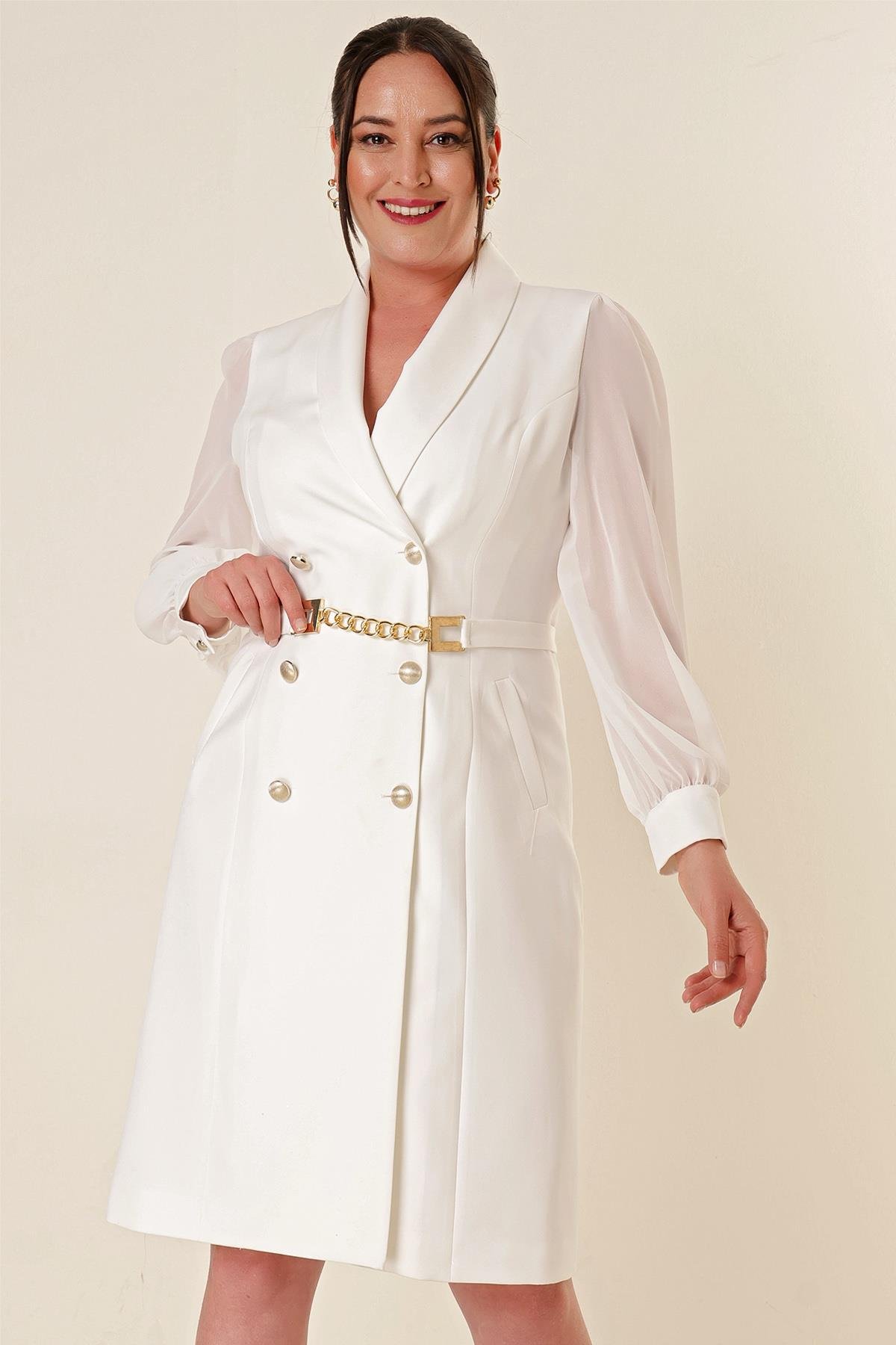 S-23K2580007Buttoned Front Belted Waist Sleeve Tulle Plus Size Dress