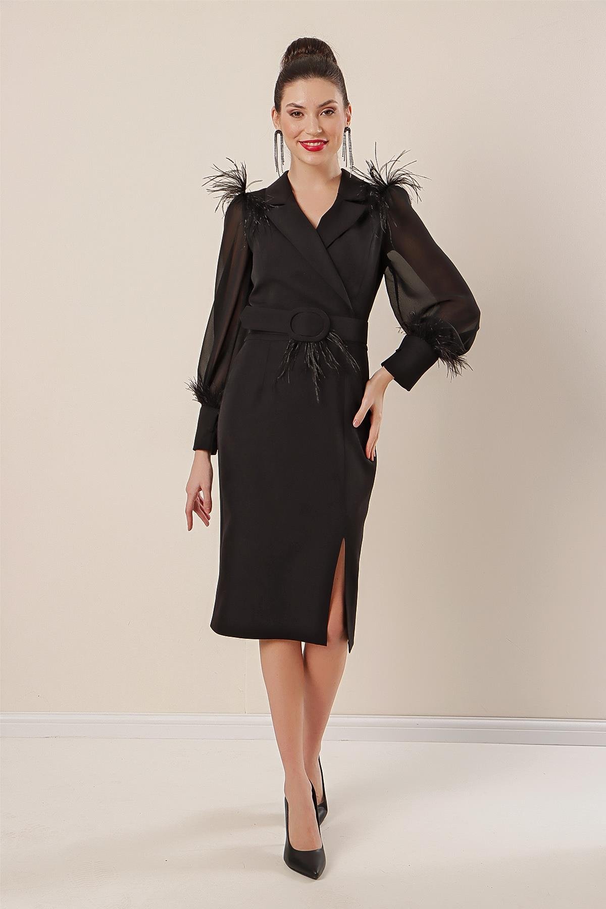 S-23K2580010Crossover belted cuffed sleeve chiffon dress waist crepe front slit neckline and feather detail