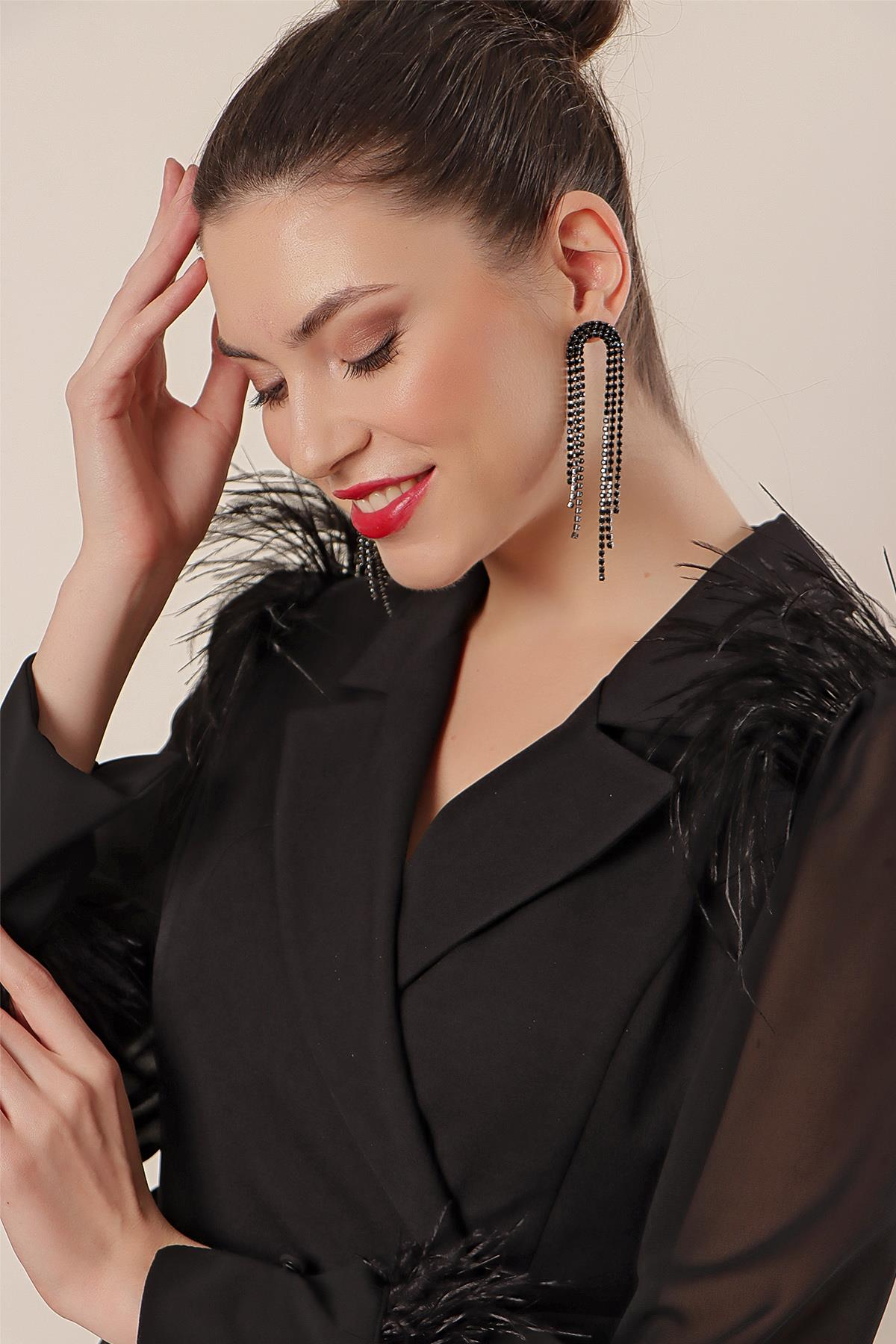 S-23K2580010Crossover belted cuffed sleeve chiffon dress waist crepe front slit neckline and feather detail