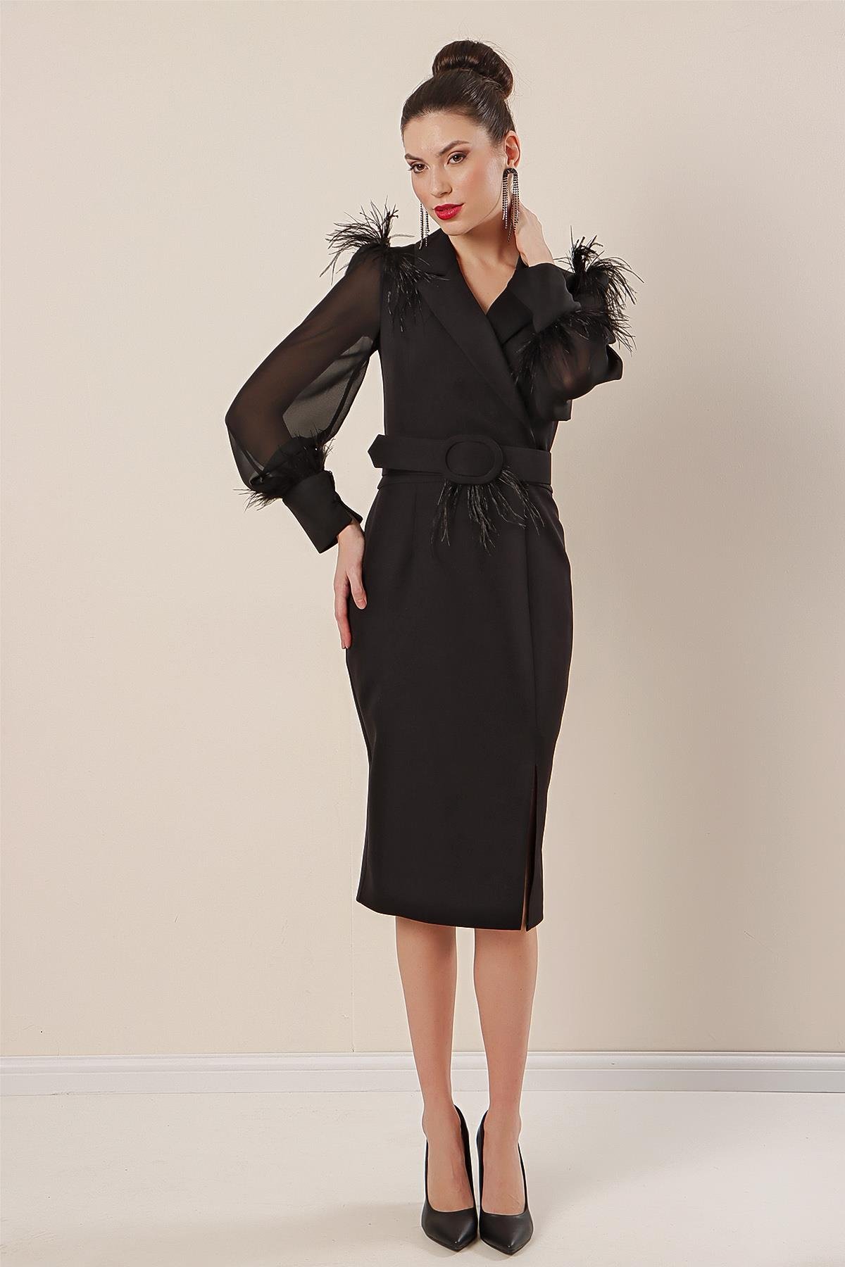 S-23K2580010Crossover belted cuffed sleeve chiffon dress waist crepe front slit neckline and feather detail