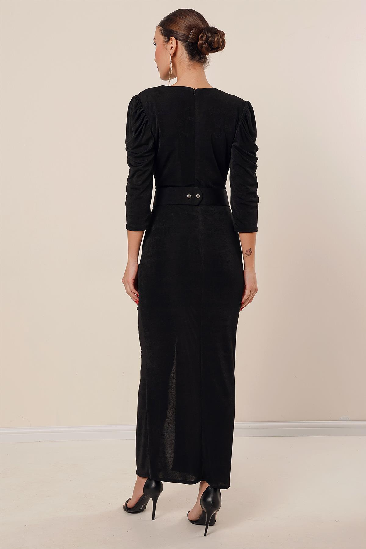 S-23K2580011Dress with belted Waist, Gathered Front, Sleeves, and lined with Lycra