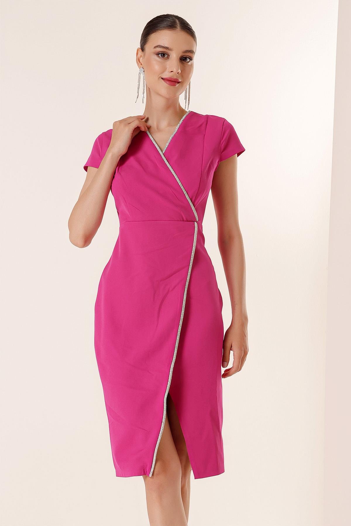 S-23K2580022Cross Half Sleeve Neckline Dress With Front Slit-Detailed Moon Stone