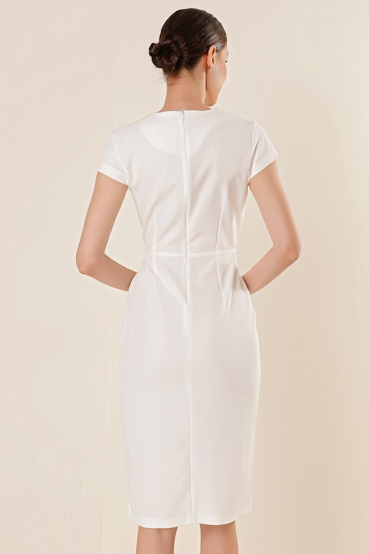 S-23K2580022Cross Half Sleeve Neckline Dress With Front Slit-Detailed Moon Stone