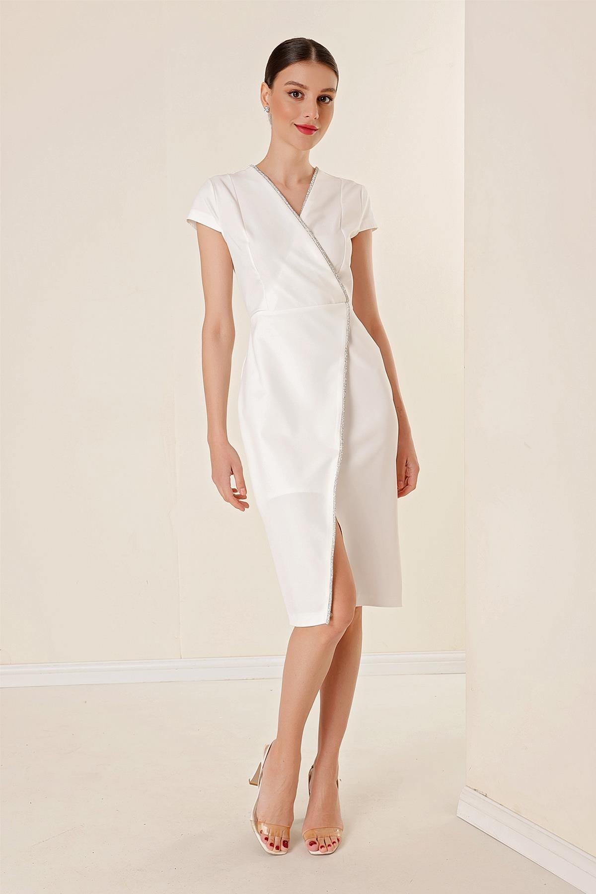 S-23K2580022Cross Half Sleeve Neckline Dress With Front Slit-Detailed Moon Stone