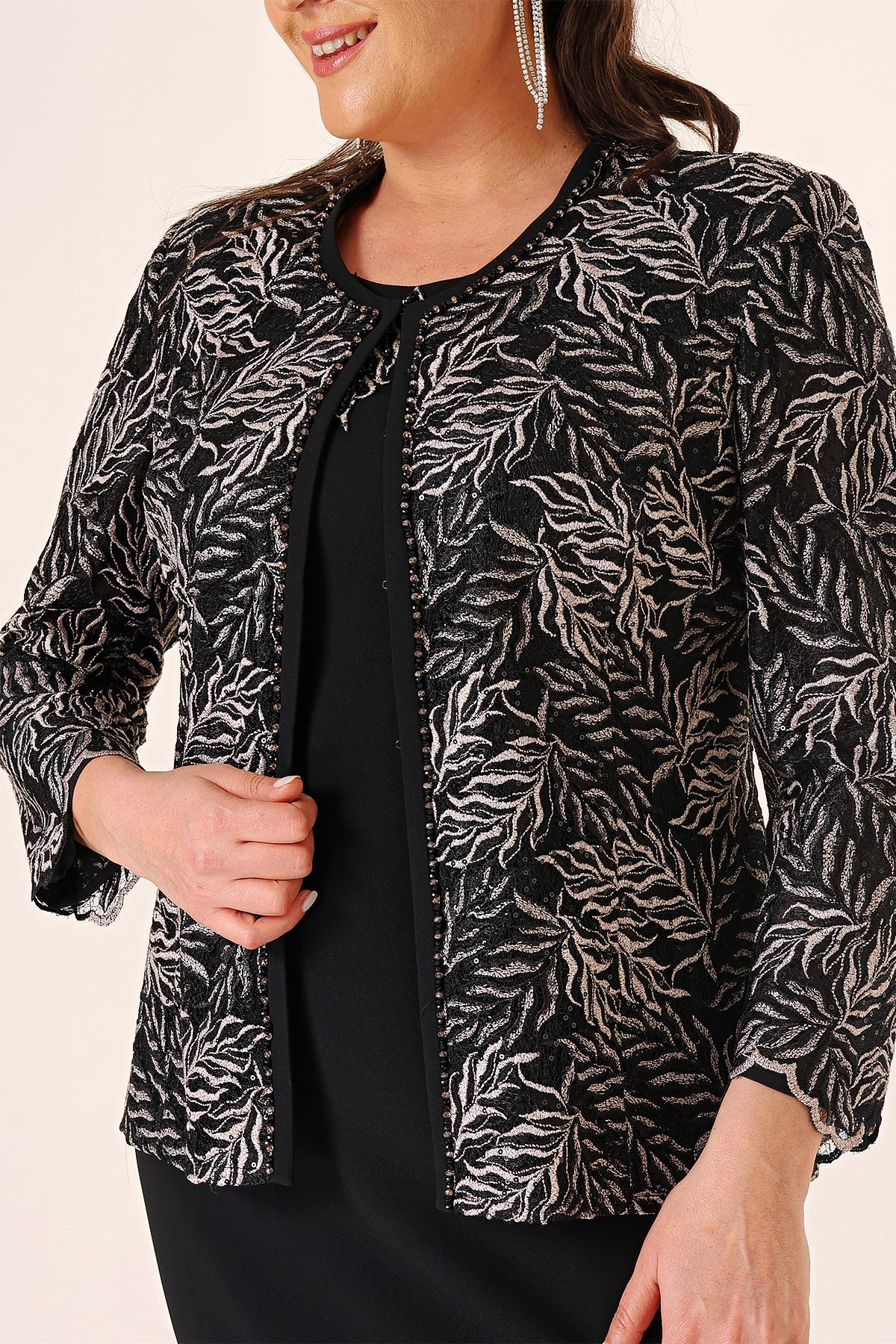 S-23K3070009Yakası Boncuk Nakışlı Uzun Elbise Boncuk Pul Nakışlı Ceket Astarlı Büyük Beden 2'li Takım